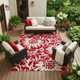 9' X 12' Burgundy and White Floral Washable Non Skid Indoor Outdoor Area Rug