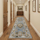 12' Ivory Tan and Blue Wool Oriental Hand Knotted Runner Rug With Fringe