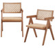 Set of Two Natural Solid Wood and Rattan Open Back Dining Arm Chairs
