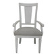 Set of Two Light Gray and White Upholstered Linen And Solid Wood Open Back Dining Arm Chairs