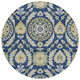 8' Navy Blue Gold And Beige Round Floral Washable Indoor Outdoor Area Rug