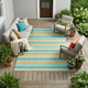 10' X 14' Teal Yellow and Green Striped Washable Non Skid Indoor Outdoor Area Rug