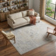 9' X 13' Ivory Taupe and Blue Oriental Power Loom Worn Faded Area Rug With Fringe