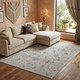 9' X 13' Ivory Taupe and Blue Floral Power Loom Worn Faded Area Rug With Fringe