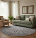 8' Green Floral Power Loom Worn Faded Round Rug