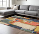 7' X 10' Pink Yellow And Dark Blue Abstract Area Rug With Fringe