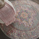 5' Gray And Gold Medallion Distressed Round Rug