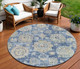 8' Navy Blue And Beige Round Floral Washable Indoor Outdoor Area Rug