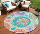8' White Orange And Teal Blue Round Floral Medallion Washable Indoor Outdoor Area Rug