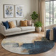 8' Taupe And Blue Abstract Washable Round Rug With UV Protection
