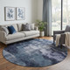 8' Navy Blue And Silver Abstract Washable Round Rug With UV Protection