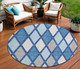 8' Navy Blue Sky Blue And Ivory Round Geometric Washable Indoor Outdoor Area Rug