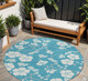 8' Turquoise Ivory And Gray Round Floral Washable Indoor Outdoor Area Rug