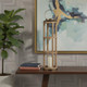 35" Natural And Brass Distressed Geometric Solid Wood And Metal Tabletop Lantern Candle Holder