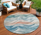 8' Teal Blue And Peach Round Abstract Washable Indoor Outdoor Area Rug