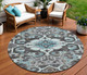 8' Teal Blue And Charcoal Round Damask Washable Indoor Outdoor Area Rug