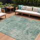 9' X 12' Teal Blue And Beige Abstract Washable Indoor Outdoor Area Rug