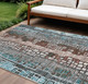 9' X 12' Teal Blue Ivory And Brown Geometric Washable Indoor Outdoor Area Rug