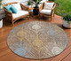 8' Brown Blue And Gold Round Floral Washable Indoor Outdoor Area Rug