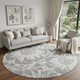 8' Gray And Ivory Floral Washable Round Rug With UV Protection