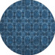 8' Navy Blue And Gray Floral Medallion Washable Round Rug With UV Protection