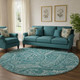 8' Teal And Ivory Paisley Washable Round Rug With UV Protection