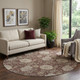 8' Merlot And Beige Floral Washable Round Rug With UV Protection