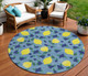 8' Denim Blue Yellow And Green Round Lemons Washable Indoor Outdoor Area Rug