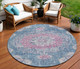 8' Blue Round Floral Medallion Washable Indoor Outdoor Area Rug