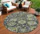 8' Fern Green And Blue Round Damask Washable Indoor Outdoor Area Rug