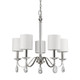 Silver Candle Style Five Light Metal and Crystals Dimmable Chandelier With White Shades