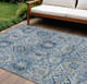 8' X 10' Denim Blue And Gold Floral Medallion Washable Indoor Outdoor Area Rug