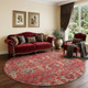 8' Red And Beige Floral Medallion Distressed Washable Round Rug With UV Protection