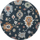 8' Black Blue And Ivory Floral Medallion Washable Round Rug With UV Protection