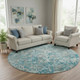 8' Teal Gray And Ivory Diamond Washable Round Rug With UV Protection