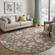 8' Chocolate Blue And Beige Floral Washable Round Rug With UV Protection