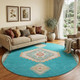8' Teal Salmon And Beige Oriental Washable Round Rug With UV Protection