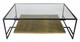 54" Clear and Black Glass and Iron Floor Shelf Coffee Table With Shelf