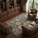 10' X 14' Navy Blue Coral And Gold Damask Washable Area Rug With UV Protection