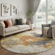 8' Taupe Gold And Blue Abstract Washable Round Rug With UV Protection