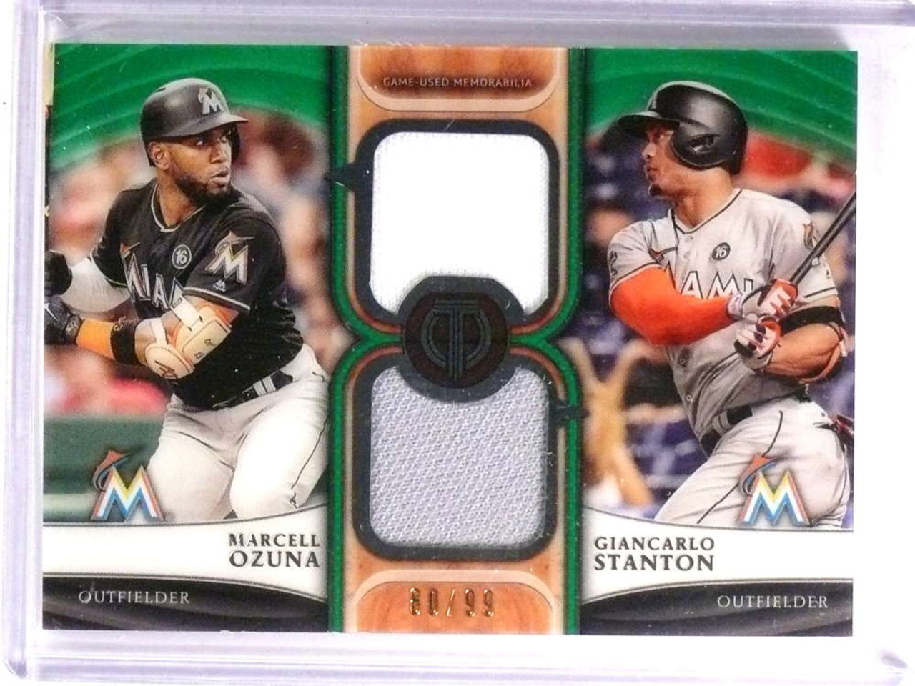 2018 Topps Tribute Green Giancarlo Stanton Marcell Ozuna jersey #D80/99  *72401 - Sportsnut Cards