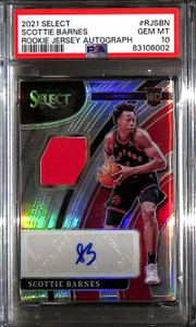2021-22 Select Autographs 15 Scottie Barnes Rookie Jersey Auto 55/199 PSA 10 GEM