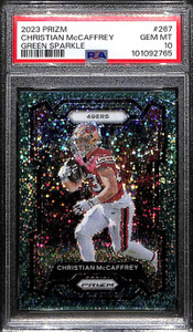 2023 Panini Prizm Green Sparkle Refractor 267 Christian McCaffrey 8/8 PSA 10 GEM