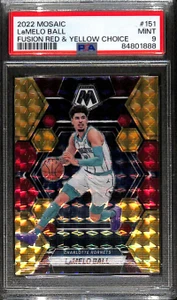 2022-23 Panini Mosaic Choice Fusion Red and Yellow 151 LaMelo Ball 32/88 PSA 9