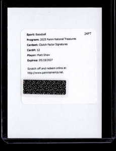 2025 National Treasures Clutch Factor Signature 12 Matt Shaw RC Jersey Auto /99