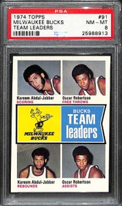1974-75 Topps 91 Oscar Robertson Kareem Abdul-Jabbar TL Team Leaders PSA 8 NM-MT