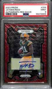 2023 Panini Prizm Autographs Prizms Red Wave 334 Jayden Reed RC Auto /149 PSA 9