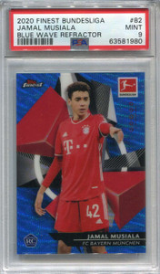 2020-21 Finest Bundesliga Blue Wave Refractor Jamal Musiala Rookie 82/150 PSA 9