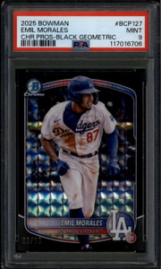 2025 Bowman Chrome Prospects Black Geometric Refractor Emil Morales RC /10 PSA 9