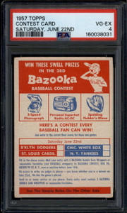 1957 Topps cc3 Contest Card Saturday June 22nd Dodgers Yankees Cardinals PSA 4 1